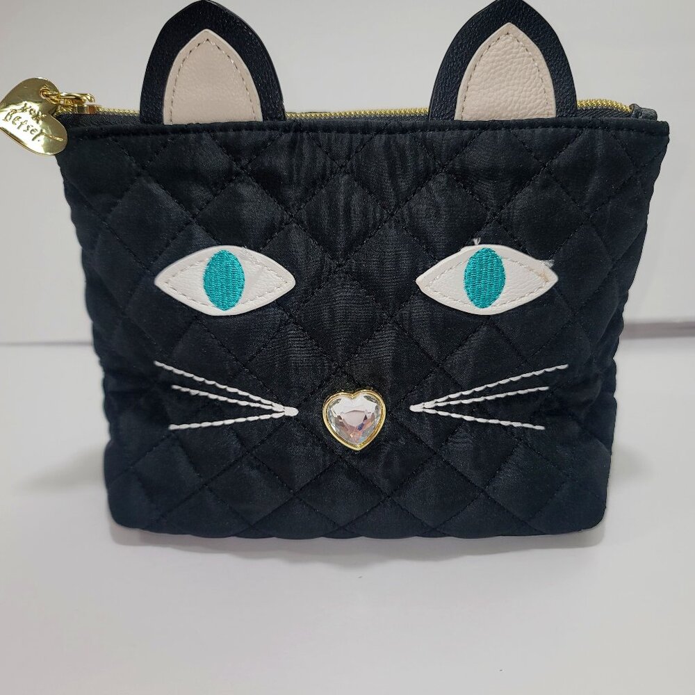 Betsey‎ Johnson Women Clutch Handbag Black Kitty Cat Quilted Zip S New